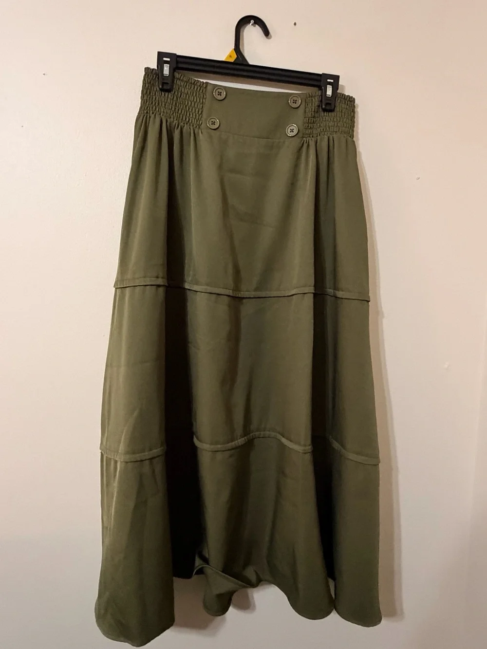 bolle Olive Green Tiered Maxi Skirt with Button Detail